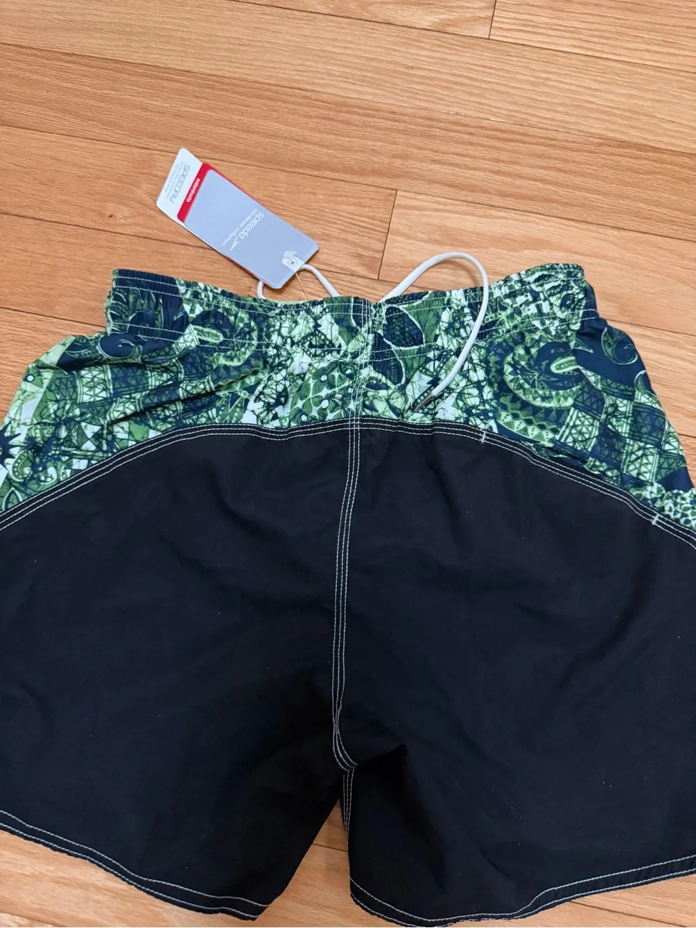 Speedo Black Swim Shorts with Green Patterned Waistband